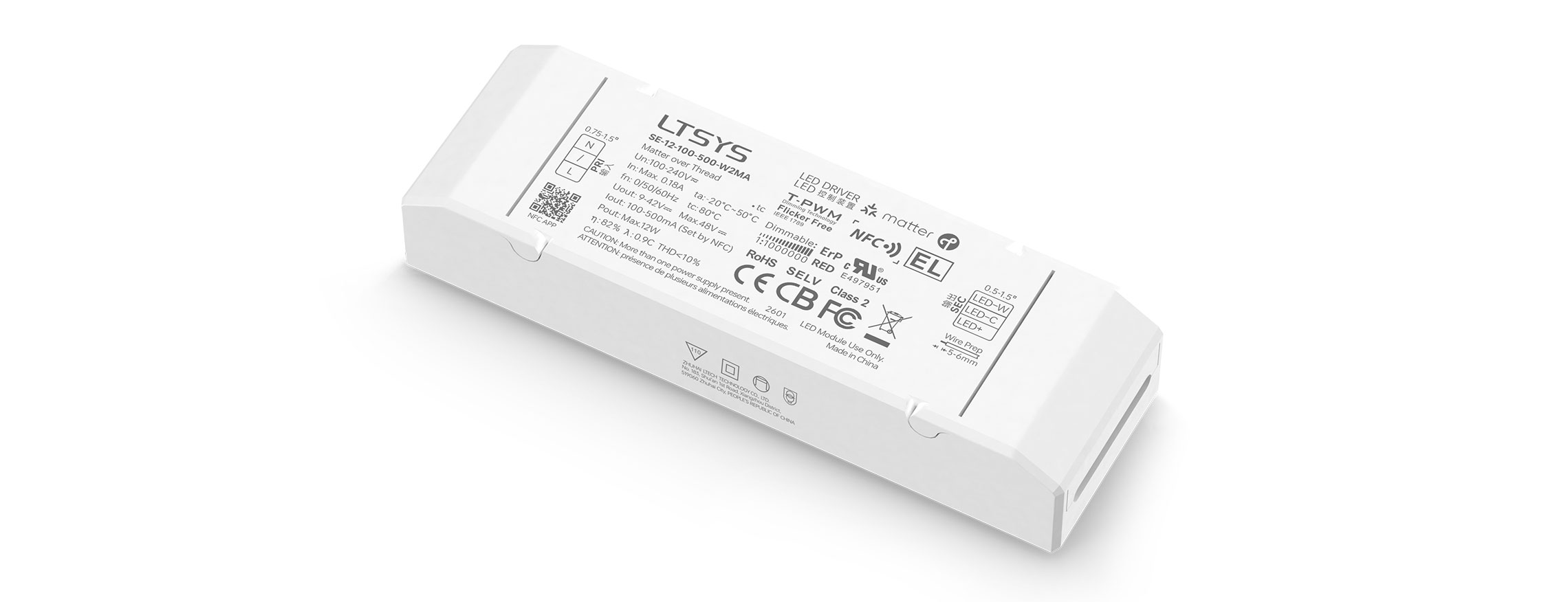 12W 100-500mA NFC CC Matter tunable white LED driver SE-12-100-500-W2MA