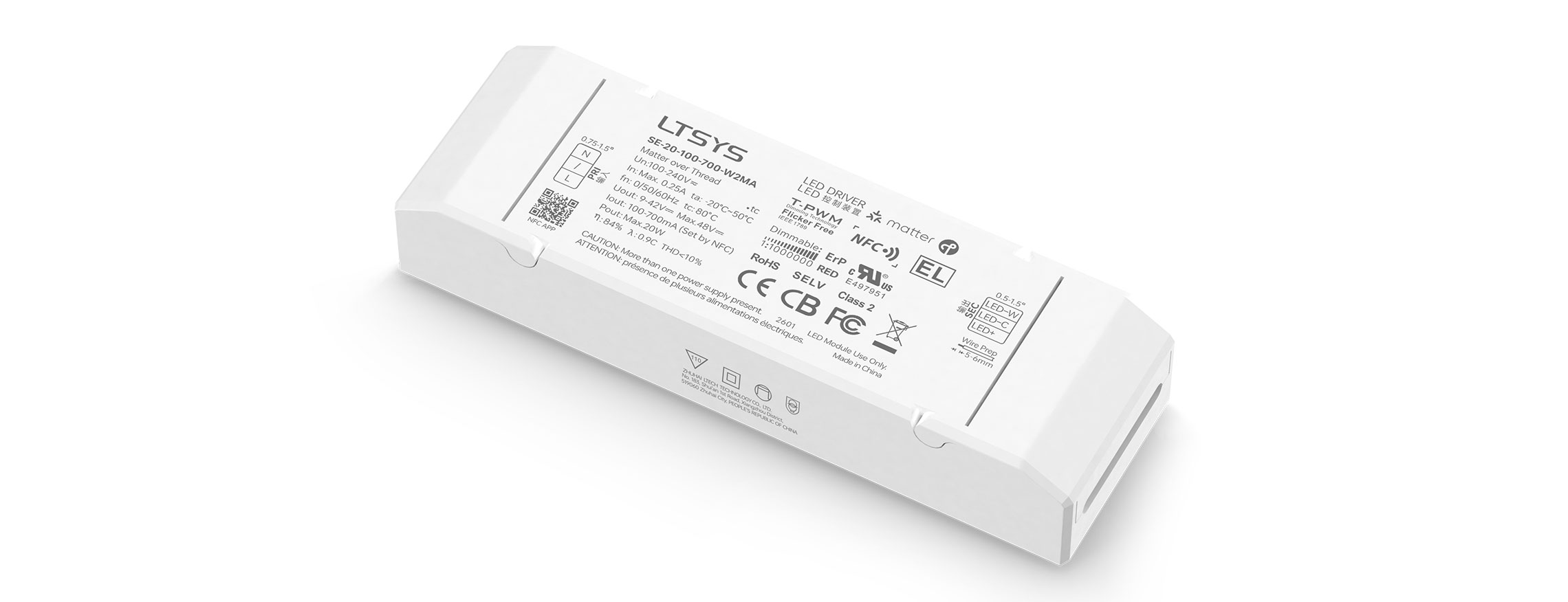 20W 100-700mA NFC CC Matter tunable white LED driver SE-20-100-700-W2MA